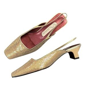 New Nina Metallic Gold Sparkle Slingback Pumps Leather Soles 1.75” Heel 6.5M